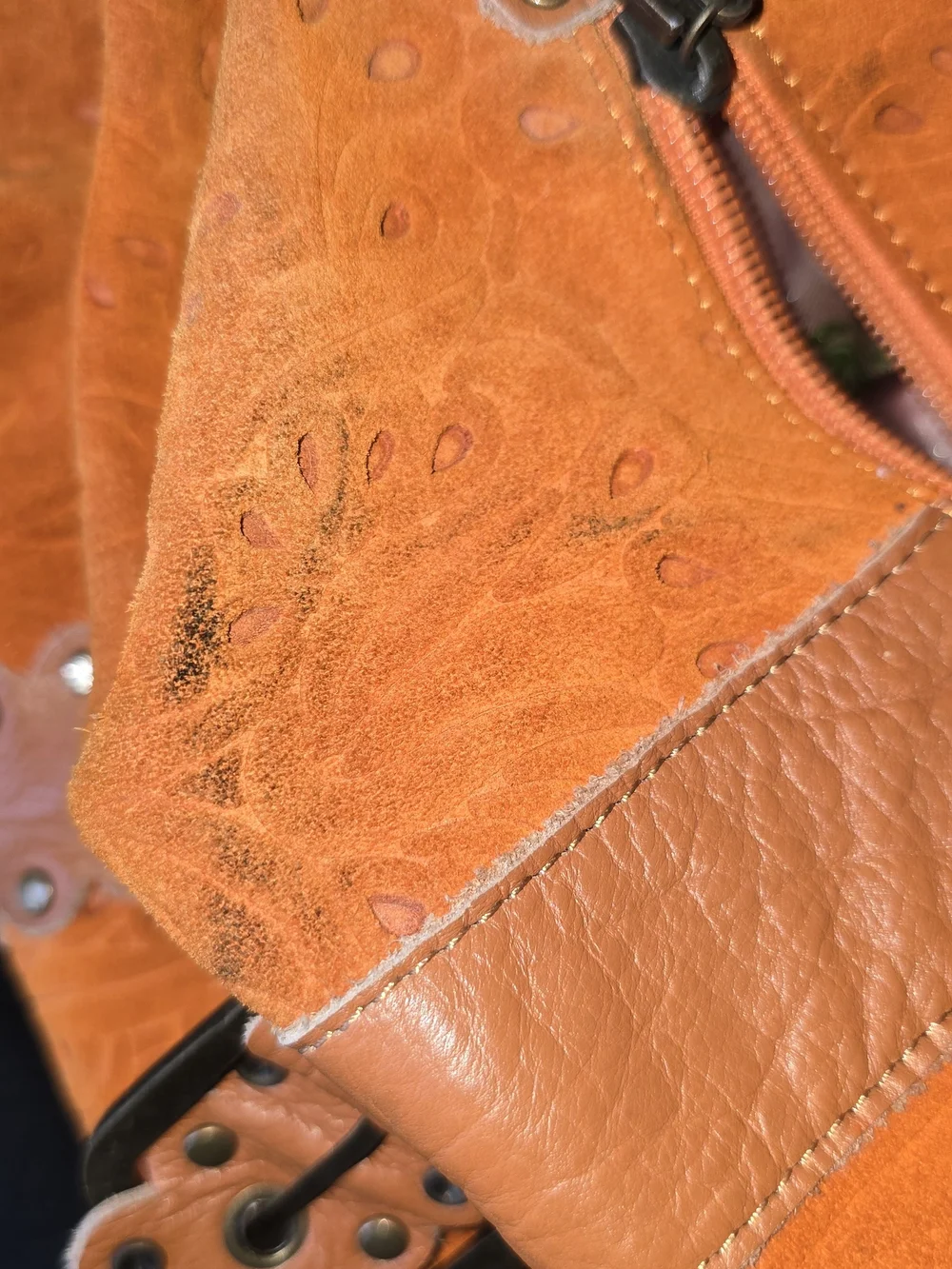 Charm And Luck Bright Orange Floral-Embossed Satchel with Studded Leather Straps